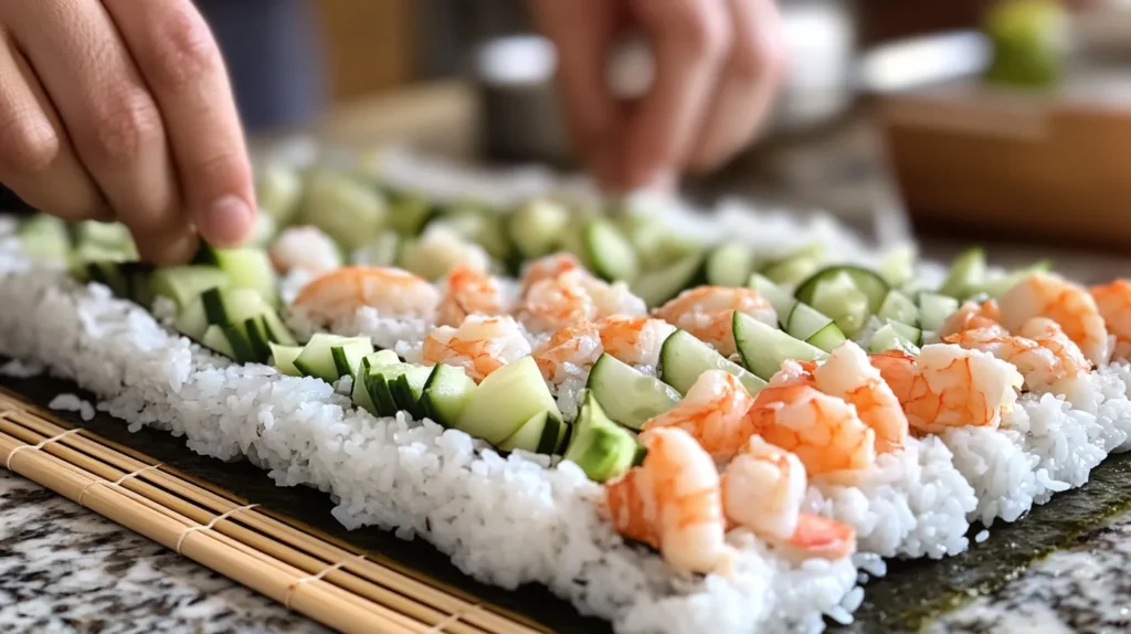 A step-by-step sushi rolling process with a bamboo mat and fresh ingredients.