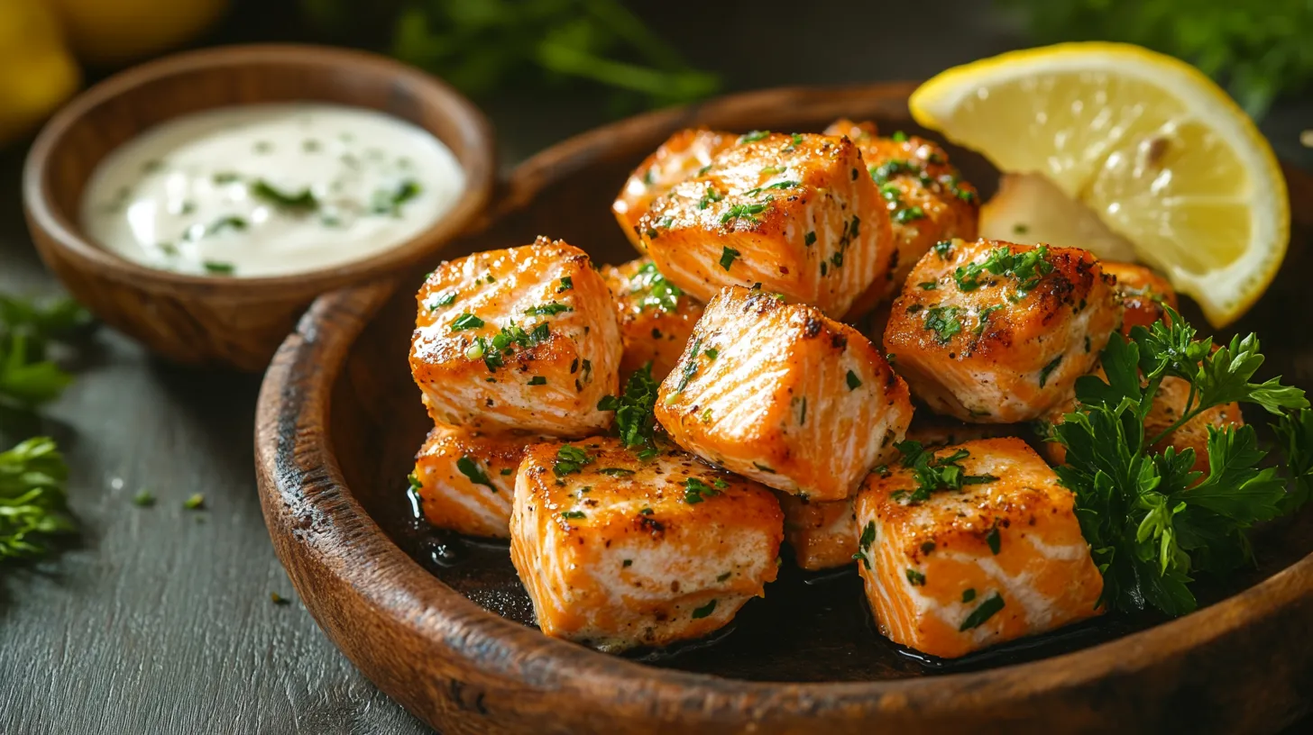 Bite-sized salmon recipe bites served on a rustic wooden plate with dipping sauce and garnishes.