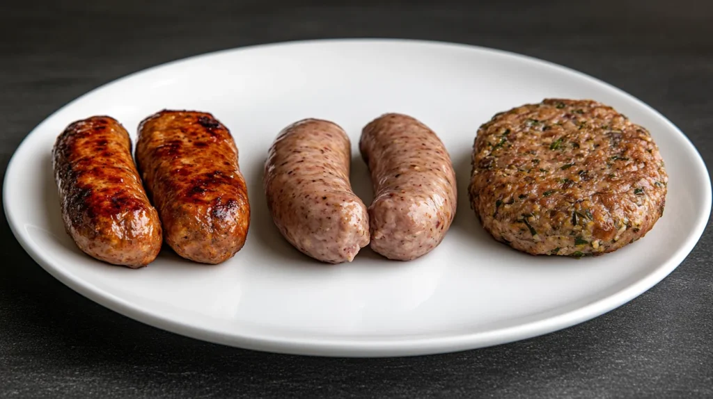 Pork, turkey, and plant-based sausages with nutritional labels.