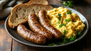 A plate of sizzling beef breakfast sausage served with eggs and toast.