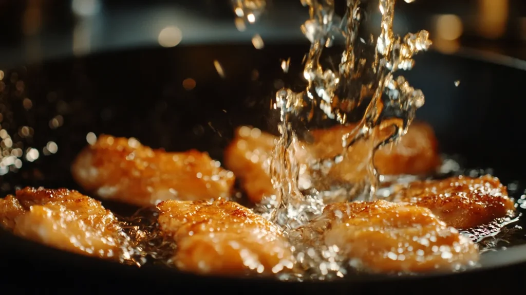 Chicken breasts being seared in a skillet with olive oil.