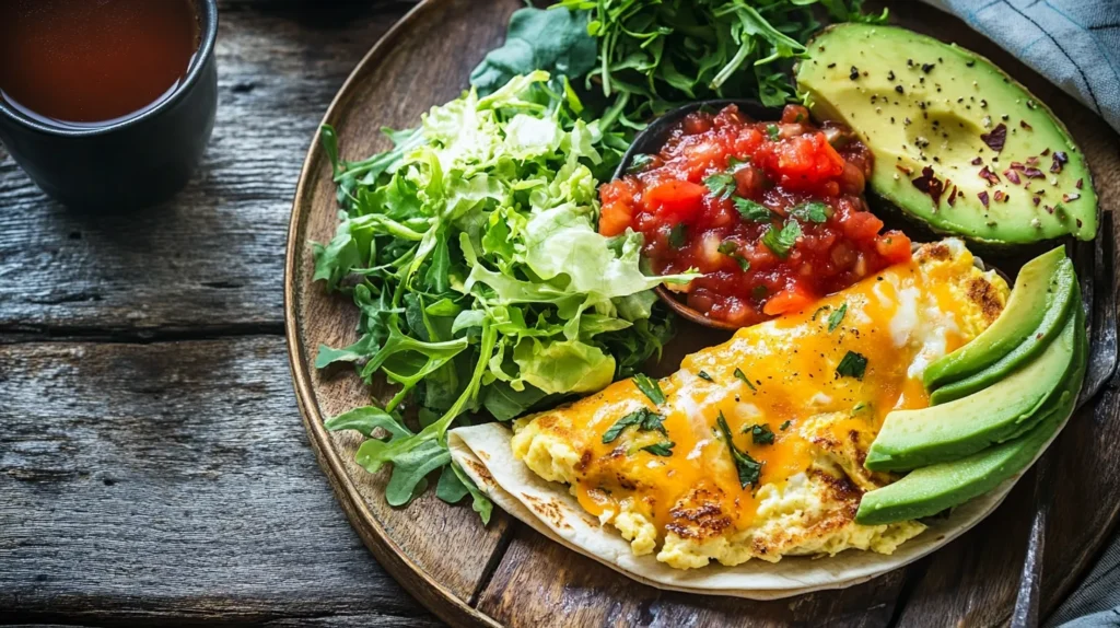 A plated healthy breakfast burrito sliced open to reveal colorful fillings