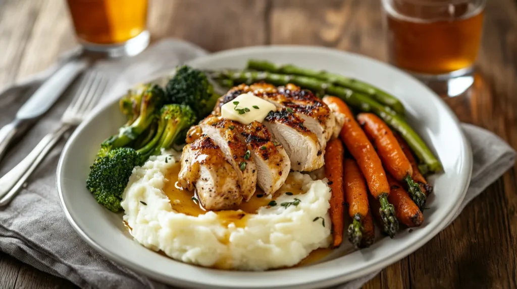 Alice Springs Chicken served with mashed potatoes and roasted vegetables.