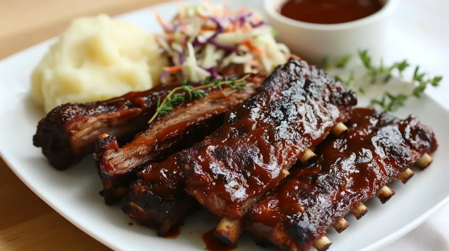 Plated beef back ribs with side dishes like coleslaw and mashed potatoes.