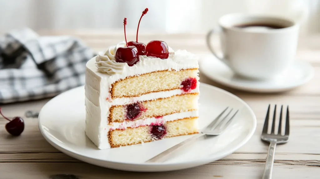 A slice of Heaven on Earth Cake served on a white plate with a cherry garnish and coffee.