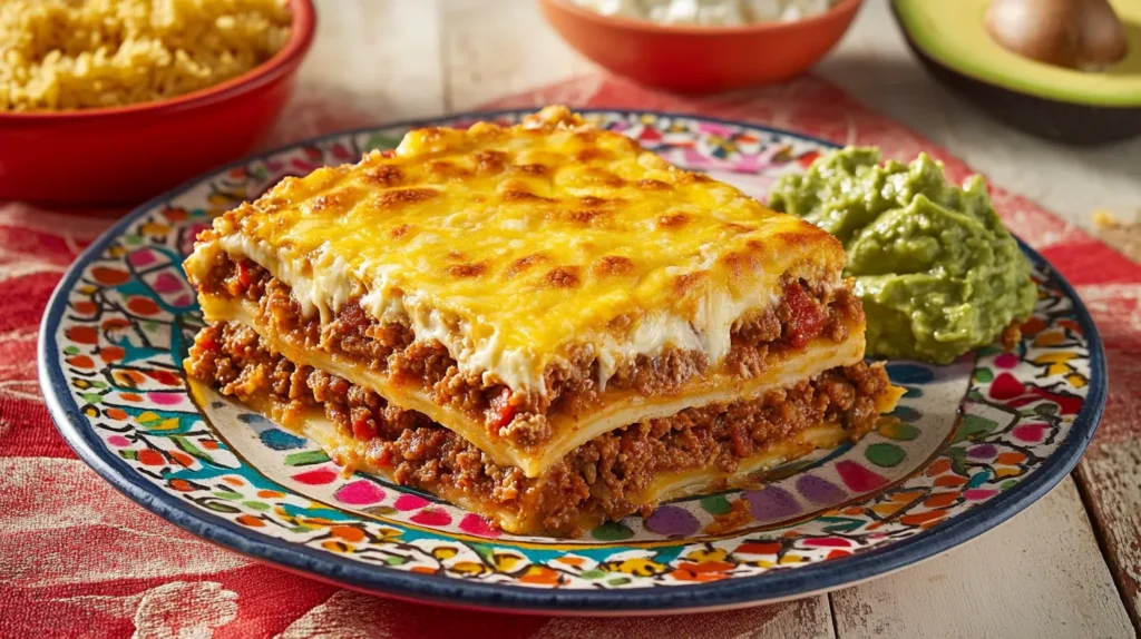 A slice of taco bake served on a white plate with a side of Mexican rice and guacamole.