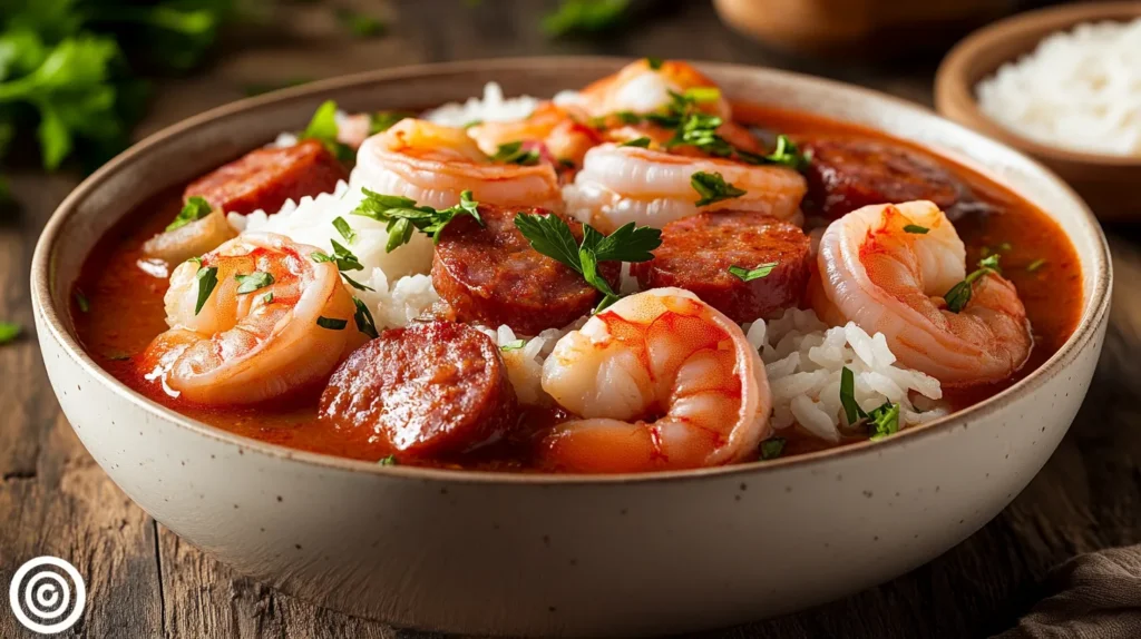 A steaming bowl of shrimp gumbo with sausage, okra, and bold Creole spices, served with rice.