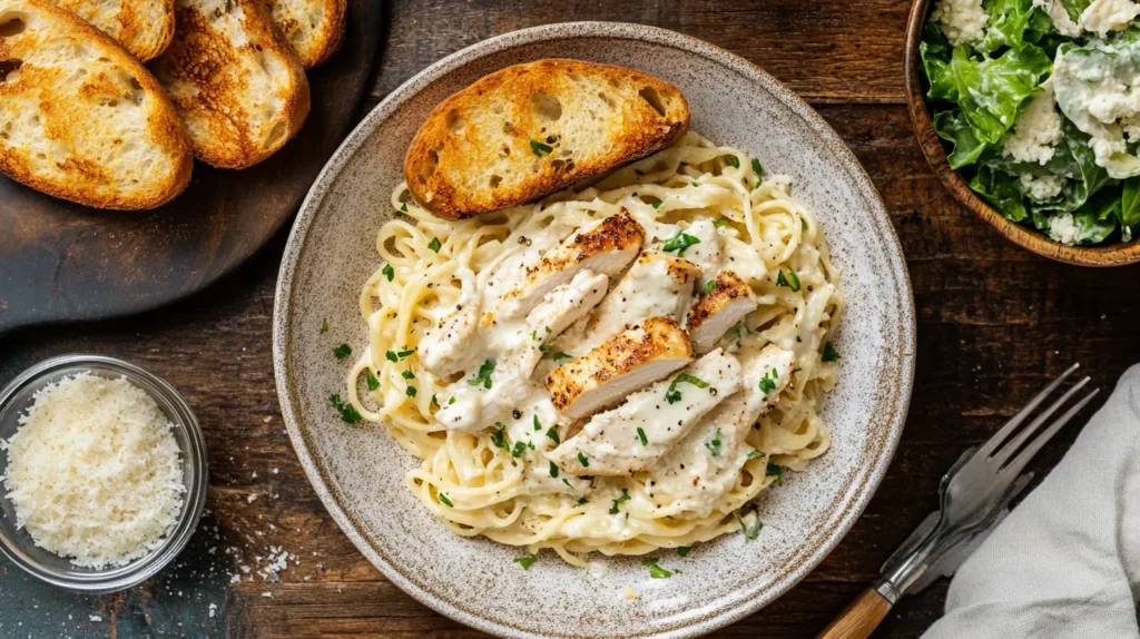 Garlic bread and Caesar salad served alongside garlic parmesan chicken pasta