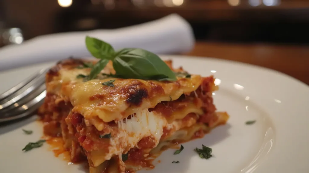 Sliced Barilla lasagna served on a plate with fresh basil garnish