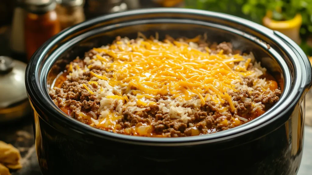 Slow cooker with cheesy hamburger and rice cooking inside