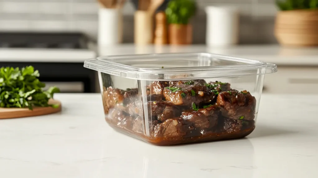 Smothered steak stored in an airtight container for meal prep.