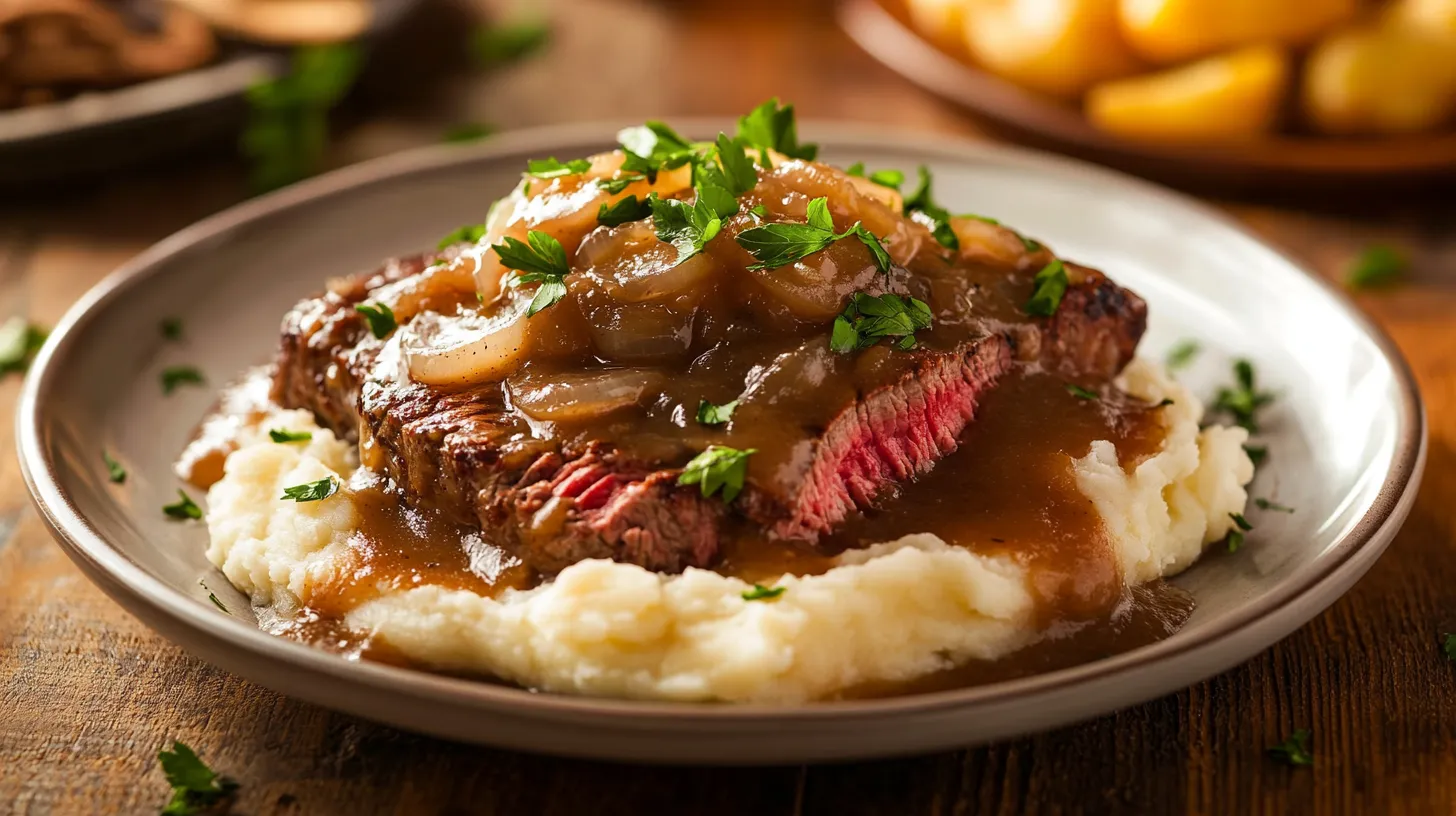 A plate of smothered steak with rich onion gravy served with mashed potatoes.