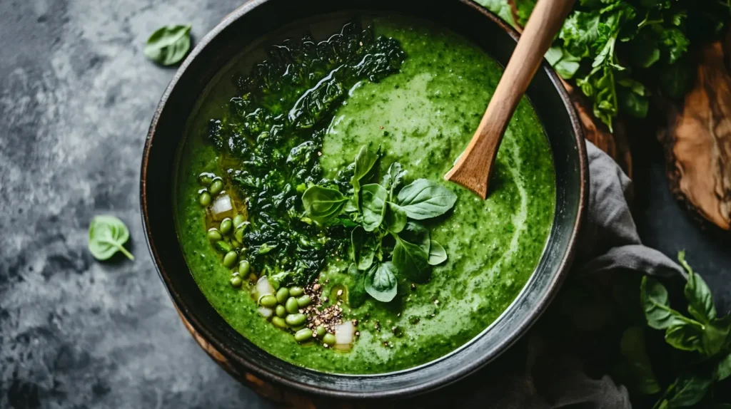 A large pot of green soup  with a wooden spoon resting on the side.