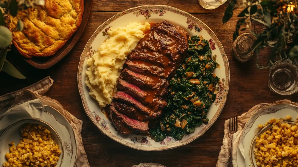 Smothered steak served with mashed potatoes, collard greens, and cornbread on a Southern-style table.