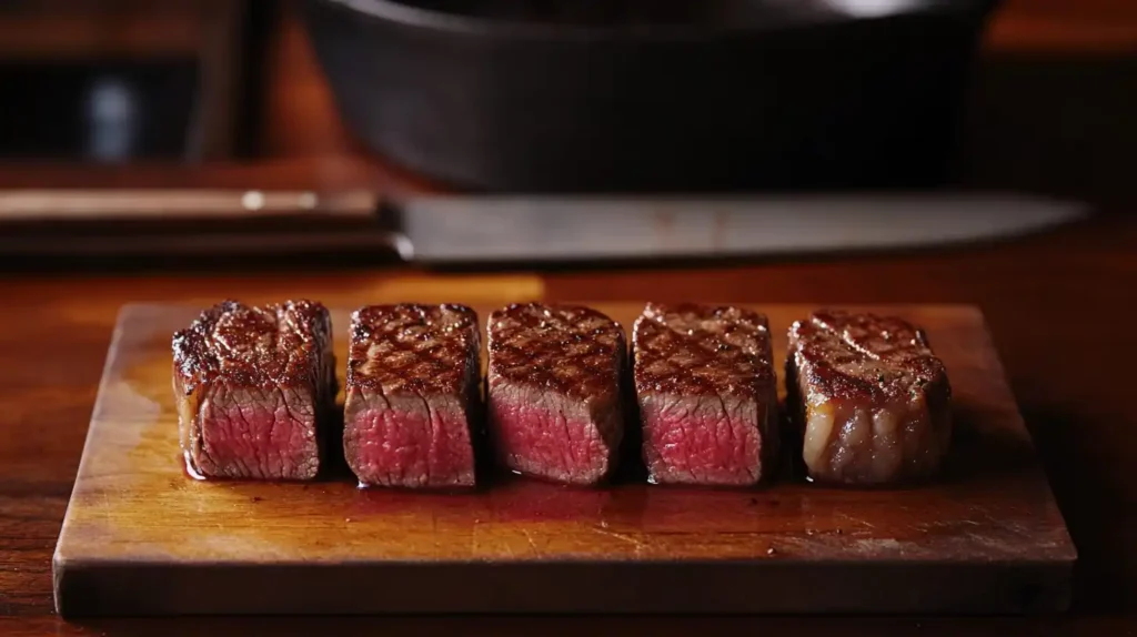 Different steak doneness levels from raw to well-done.