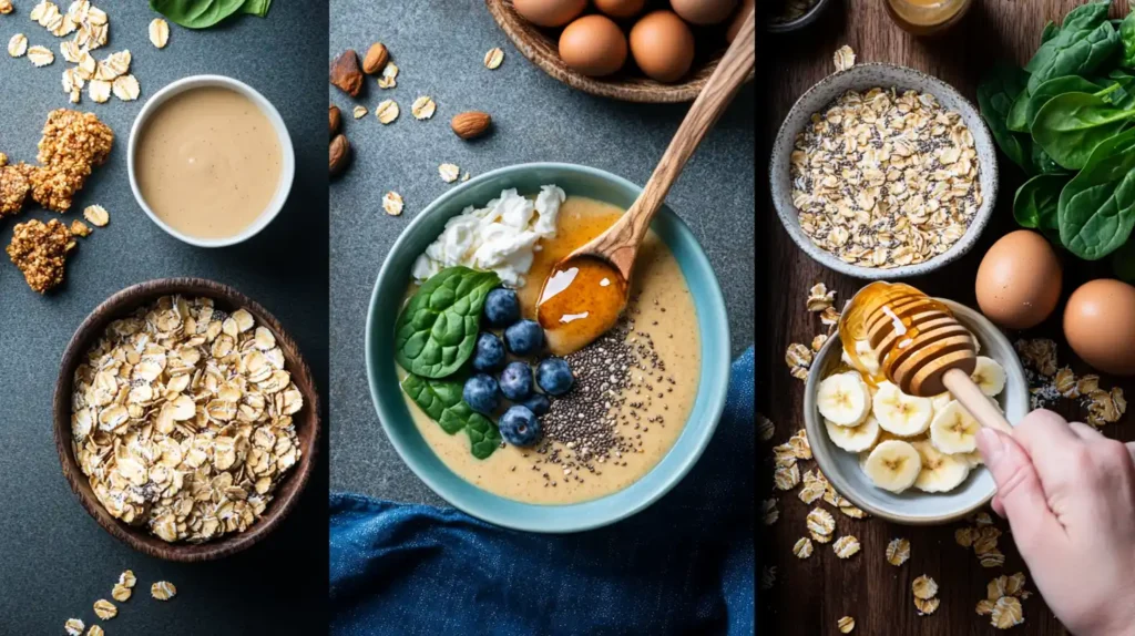 A visually engaging step-by-step guide showcasing the process of making a breakfast bowl, including preparing the base, adding proteins, and finishing with fresh toppings, set in a cozy home kitchen.