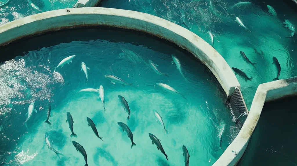 Branzino fish in a sustainable aquaculture farm.