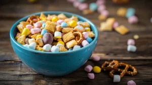 Bowl of Sweet Chex Mix with colorful mix-ins