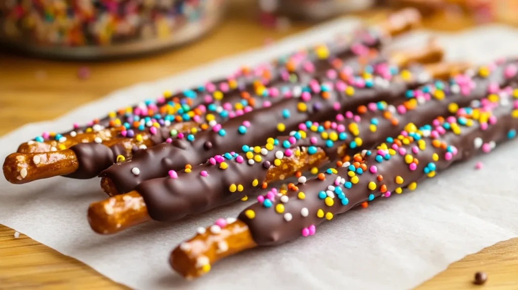 Chocolate-dipped pretzel rods with colorful sprinkles.