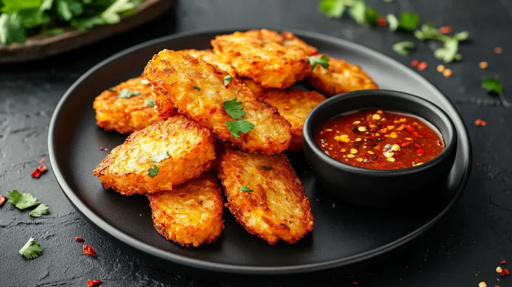 Sweet potato hash browns served with a dipping sauce.