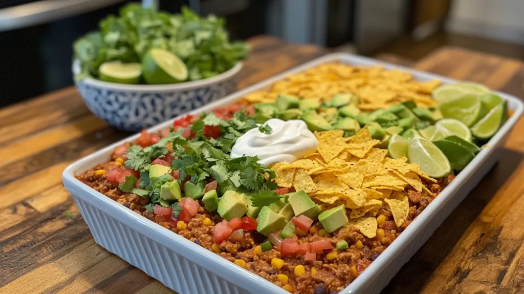 Fresh garnishes like cilantro, diced avocado, sour cream, and crushed tortilla chips for taco bake.