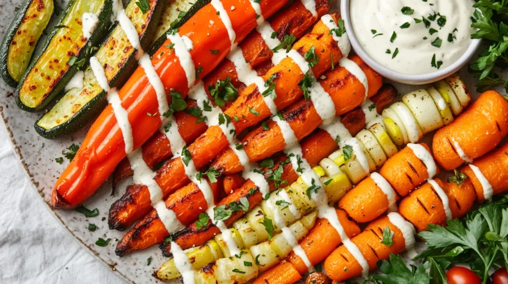 Tahini yogurt sauce drizzled over roasted vegetables