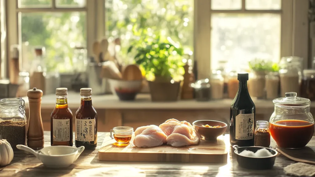 A historic-inspired kitchen setup with traditional Japanese ingredients.