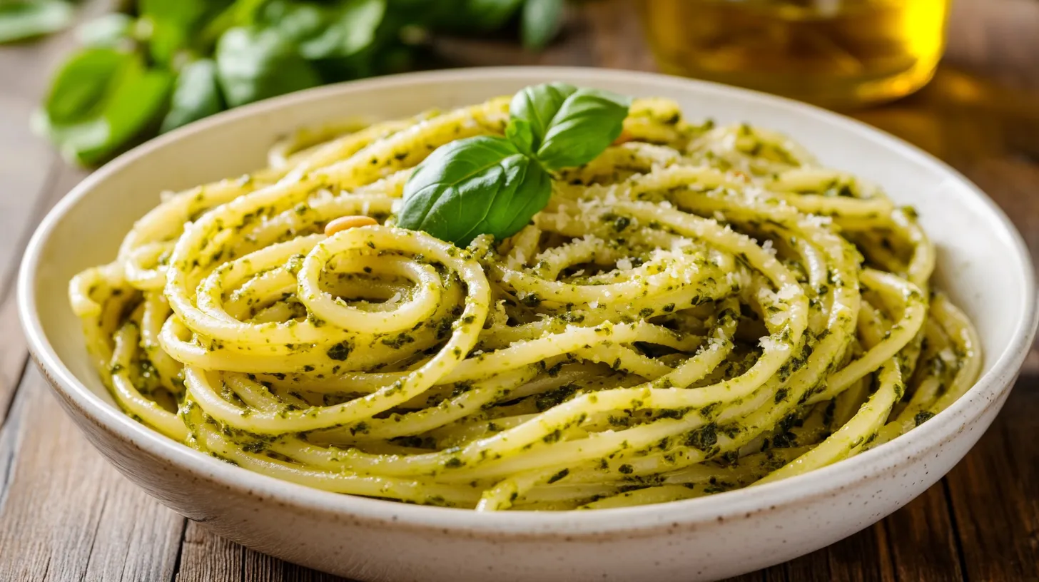 A bowl of traditional pasta topped with fresh pesto Genovese sauce.