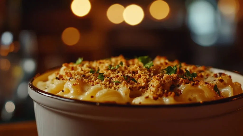 A decadent truffle oil macaroni and cheese topped with golden breadcrumbs.