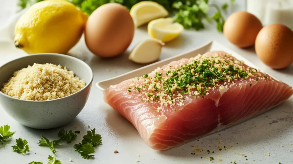 Ingredients for making tuna burgers, including fresh tuna, breadcrumbs, garlic, parsley, and lemon zest, arranged on a kitchen counter.