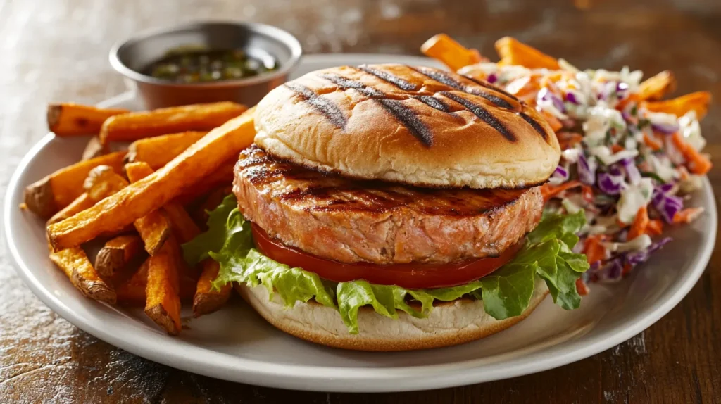 A tuna burger plated with sweet potato fries and a side of coleslaw, ready to serve.