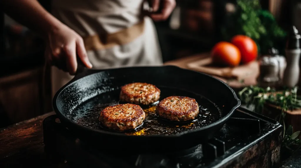 Tuna patties sizzling in a pan with olive oil, creating a golden crust.