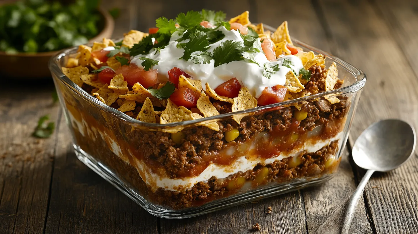 A delicious taco bake recipe fresh out of the oven, topped with melted cheese, crispy tortilla chips, and fresh garnishes.