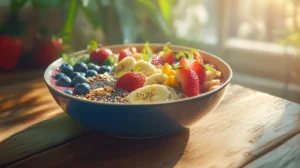 Colorful and nutritious breakfast bowl recipe with fruits and seeds