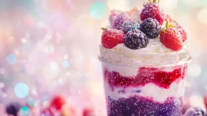 Layered berry and cream parfait in a clear glass jar.