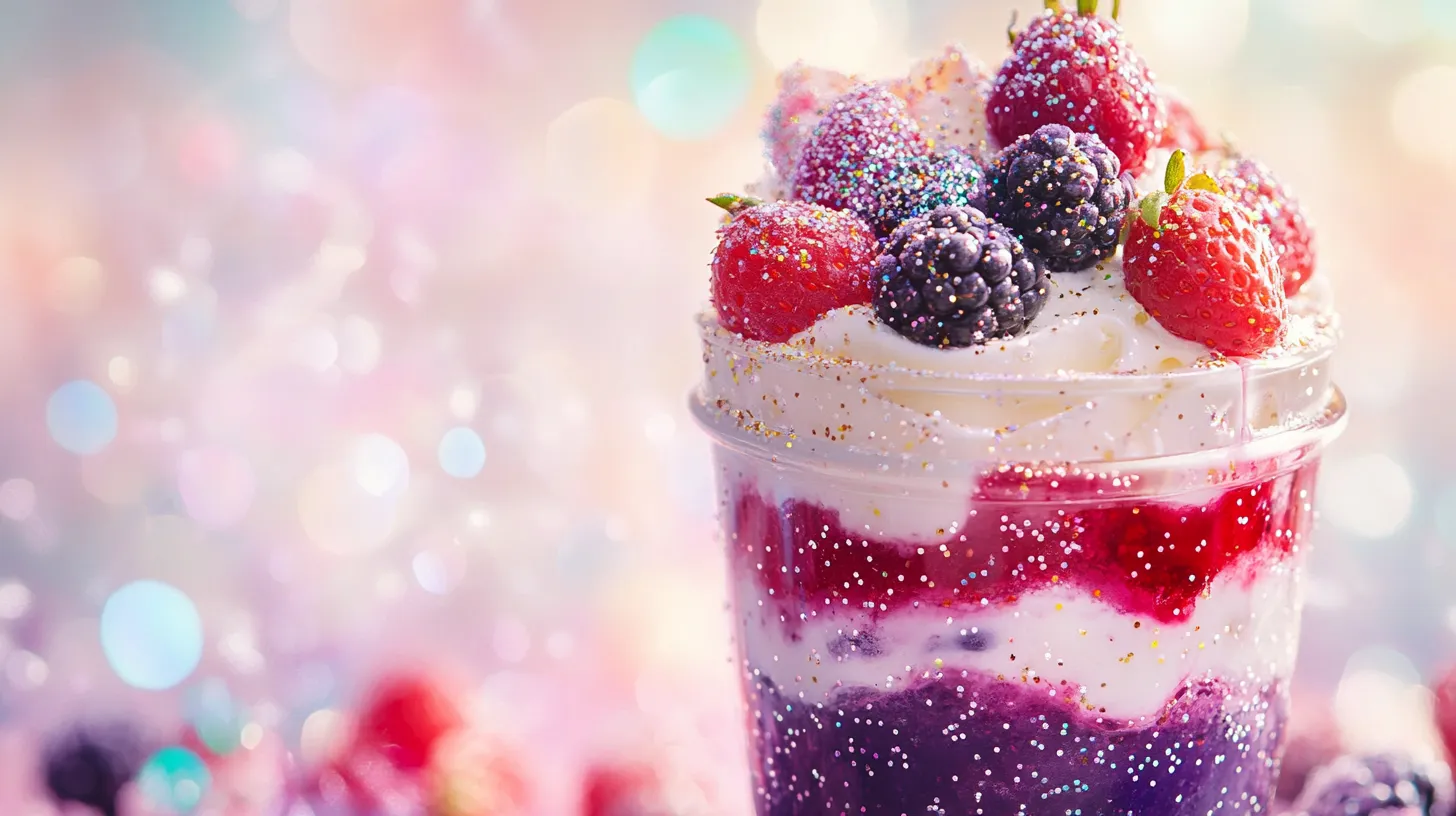 Layered berry and cream parfait in a clear glass jar.