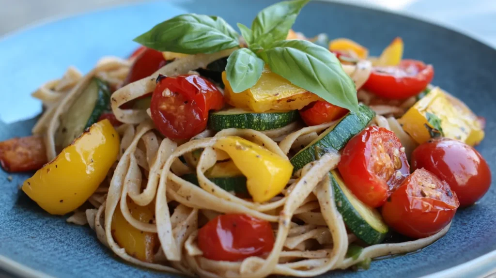 A vibrant dish of whole wheat pasta with roasted vegetables.