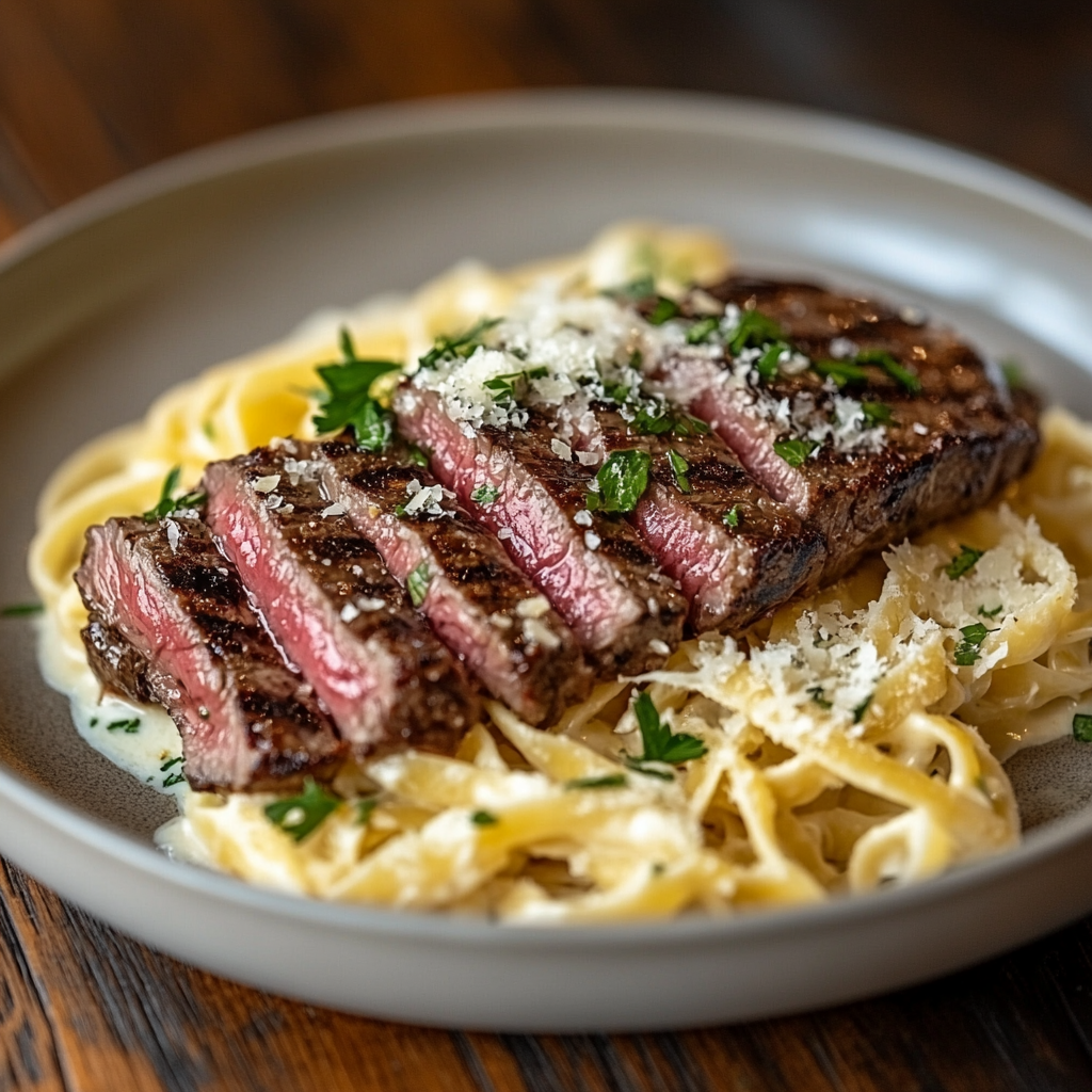 A mouthwatering plate of perfectly seared steak served with creamy pasta garnished with fresh parsley.