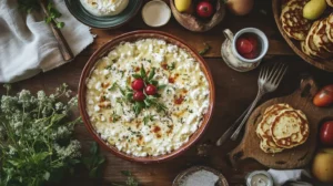 Table full of diverse Cottage Cheese recipes in a rustic kitchen