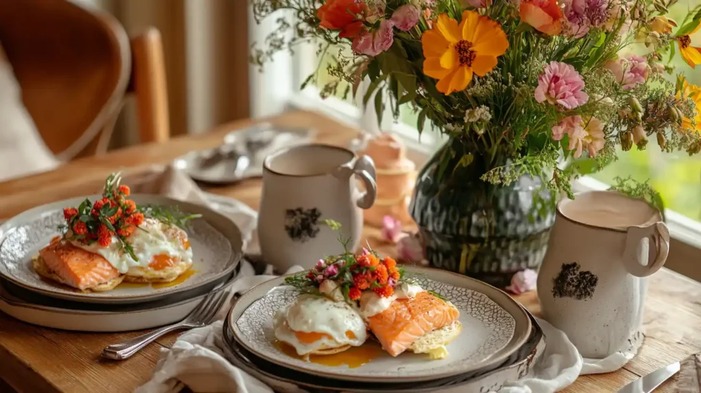 Brunch table with eggs benedict salmon and coffee