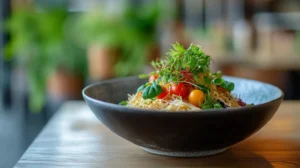 A bowl of healthy pasta alternative with fresh vegetables and herbs.