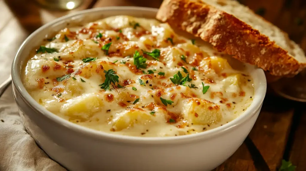 A serving of hash brown potato soup in a bowl with bread on the side.