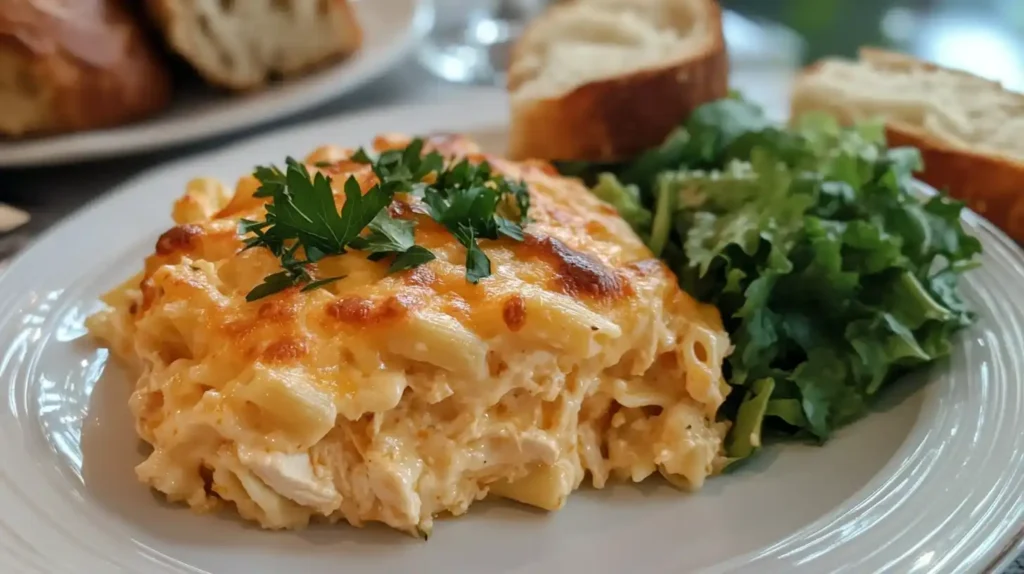 A plated serving of Buffalo Chicken Pasta Bake with a side salad and garlic bread.