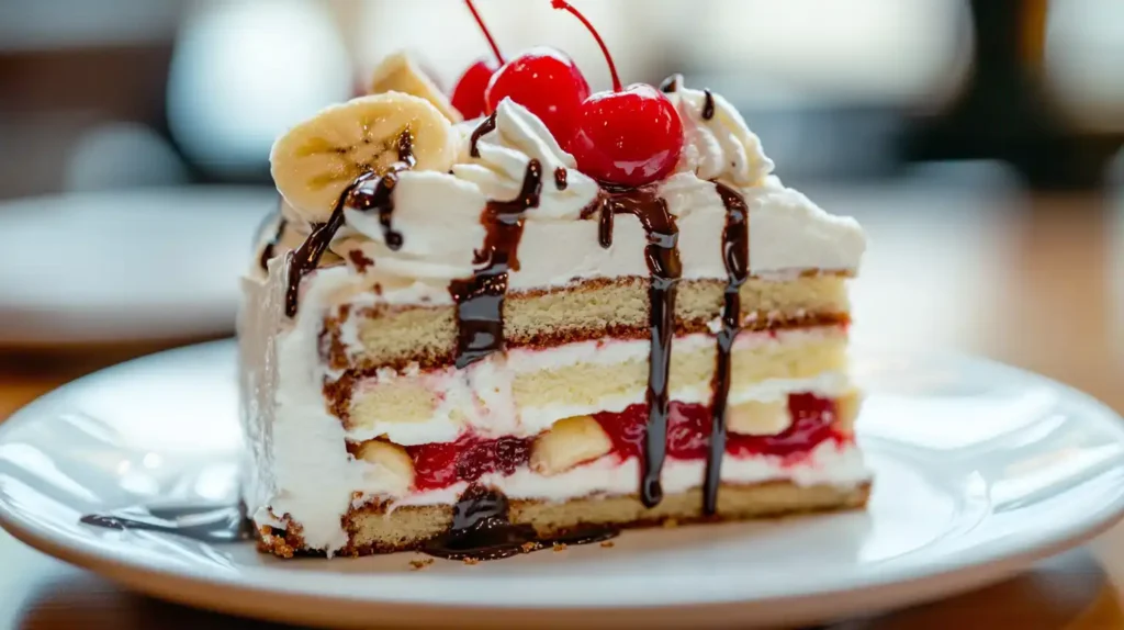 A slice of banana split cake served on a white plate with whipped cream and cherry garnish.