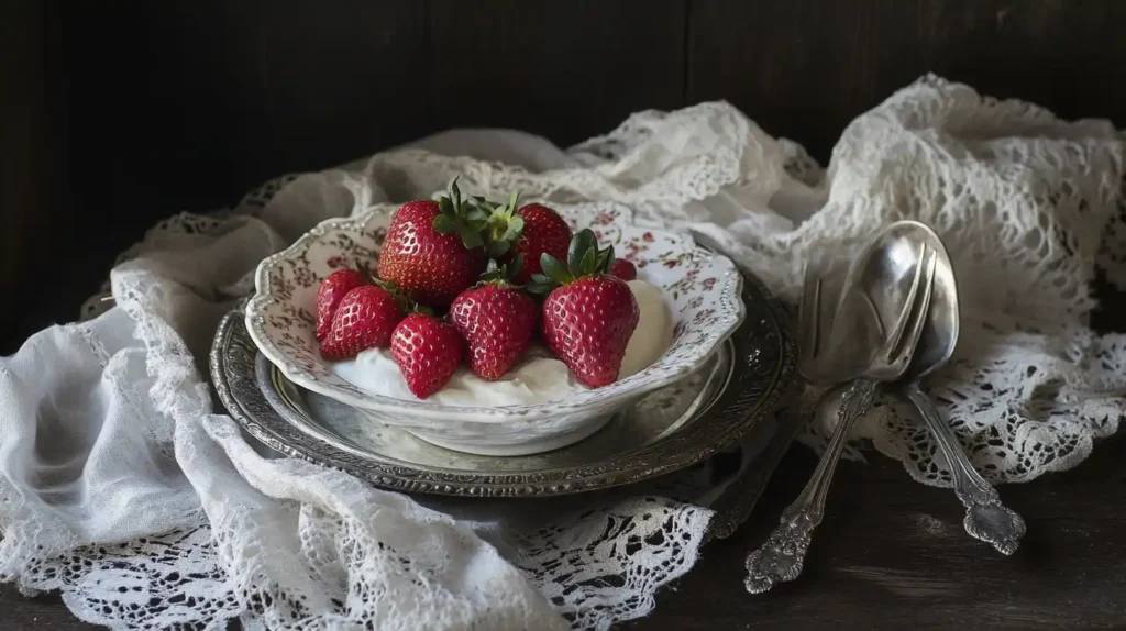 A vintage-style setting with strawberries and cream served on a delicate porcelain dish.