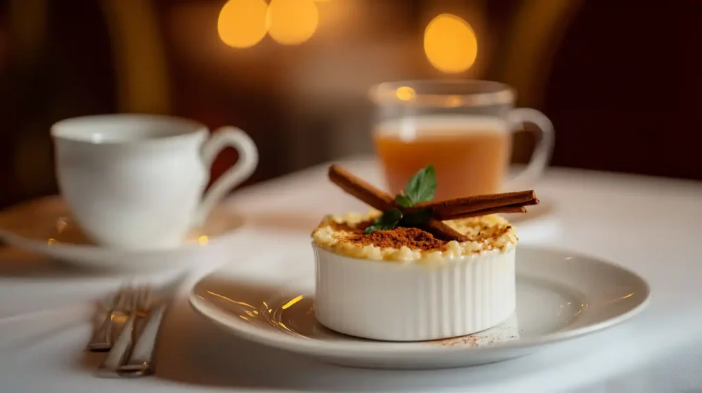 A plated serving of Arroz con Leche with a cinnamon stick garnish.