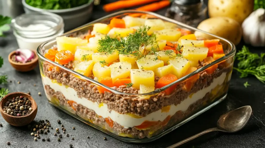 Layers of hobo casserole ingredients in a dish before baking, ready for the oven.