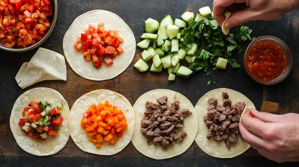 Hands assembling mini tacos with fresh ingredients.