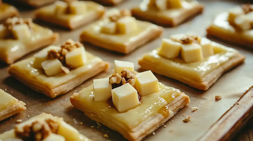 Brie cheese bite assembly process showing puff pastry squares with Brie, jam, and nuts.