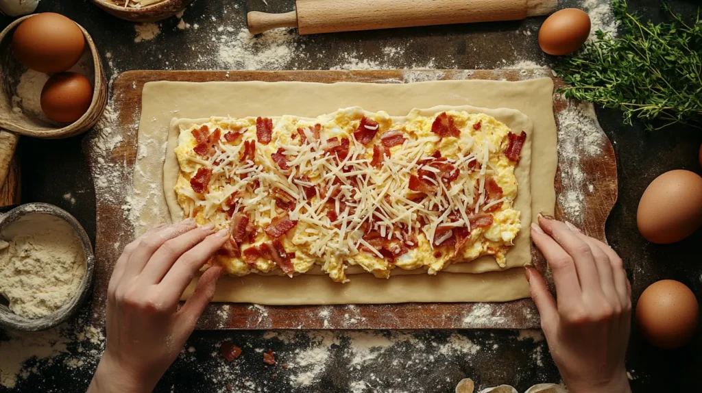 Step-by-step process of assembling breakfast pizza rolls.